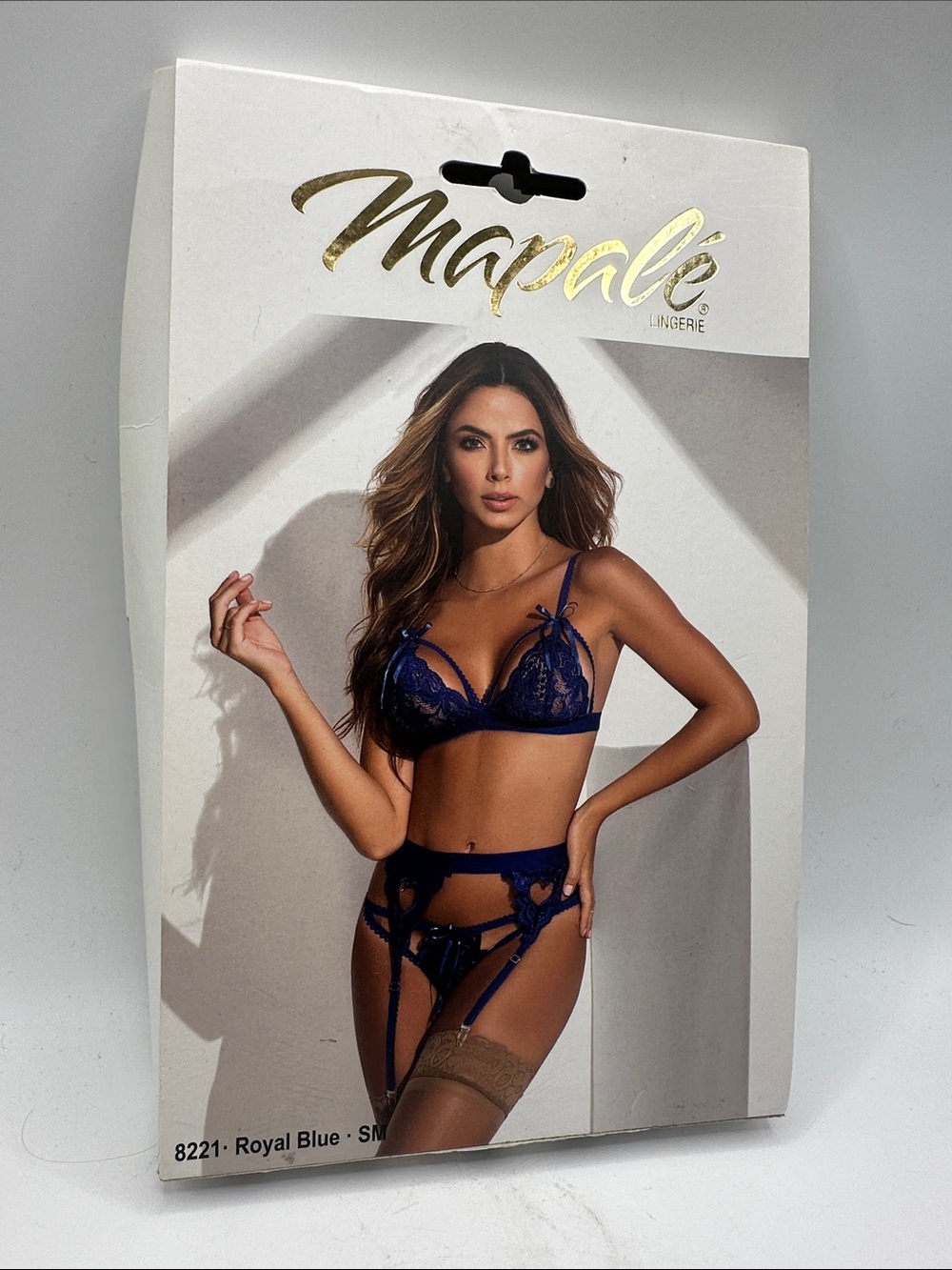 Mapale 3pc Heart Lace Bra, Garter Belt & Thong Lingerie 8221 Royal Blue S/M New